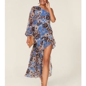 Alexis Abanna Tiered Ruffle One Shoulder Asymmetrical Floral Dress Blue Small